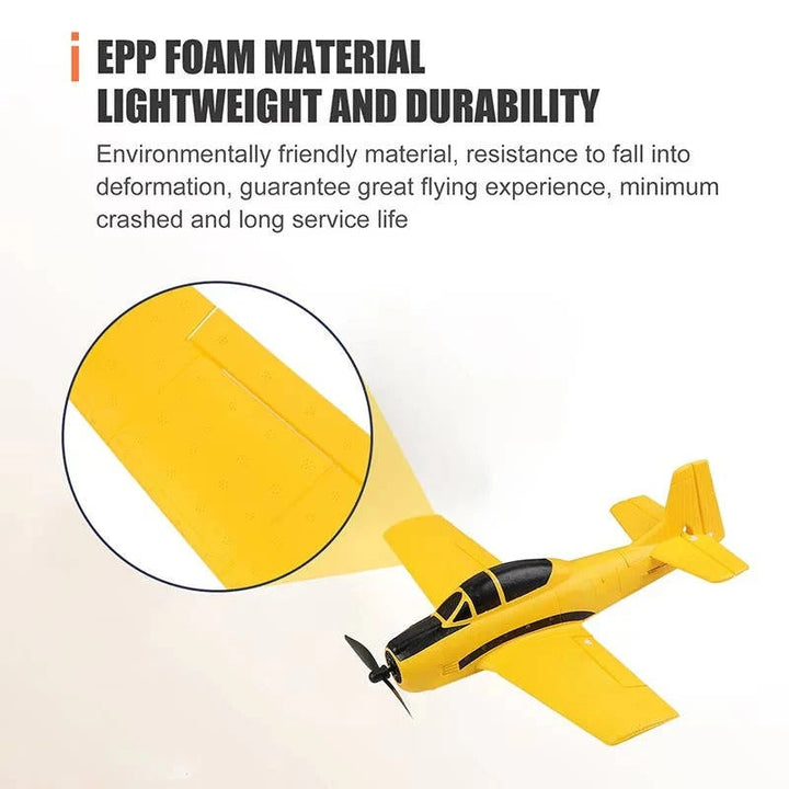 Beginner RC fixed wing airplane featuring 6-axis gyro for easy, stable outdoor flying. EPP foam, dual batteries.