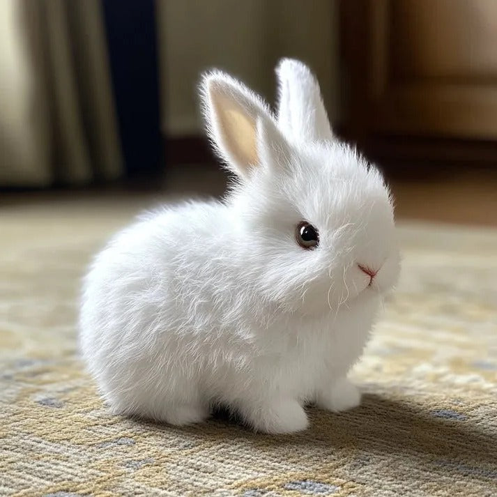 Soft plush realistic bunny toy, an interactive electronic pet companion for kids.