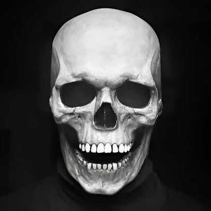 Unisex full head latex skeleton mask with realistic movable jaw for Halloween horror parties.
