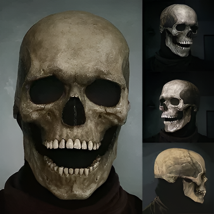 Spooky movable jaw skull mask for Halloween; ideal for cosplay, horror costumes & themed events.