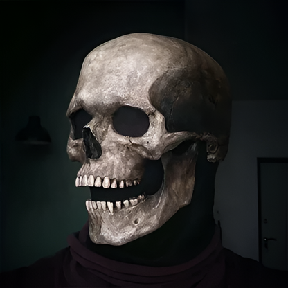 Highly realistic human skeleton mask featuring a movable jaw, great for Halloween and cosplay.