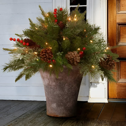 Realistic pre-lit artificial Christmas urn filler with 'Feel Real' branches & warm LED lights for festive decor.