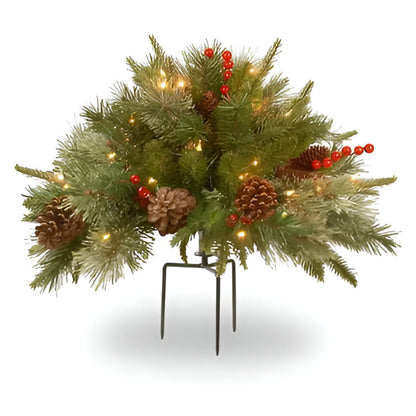 Elegant pre-lit Christmas urn filler in a decorative pot, perfect for front porch or entryway holiday display.