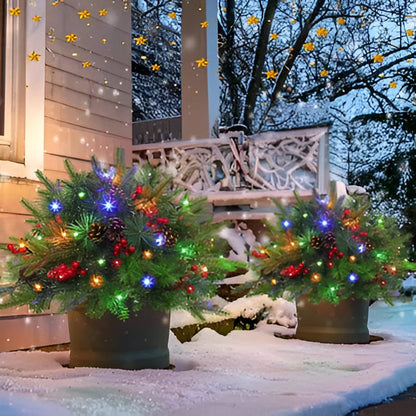 Glowing pre-lit artificial Christmas urn filler with energy-efficient LED lights, enhancing festive home ambiance.