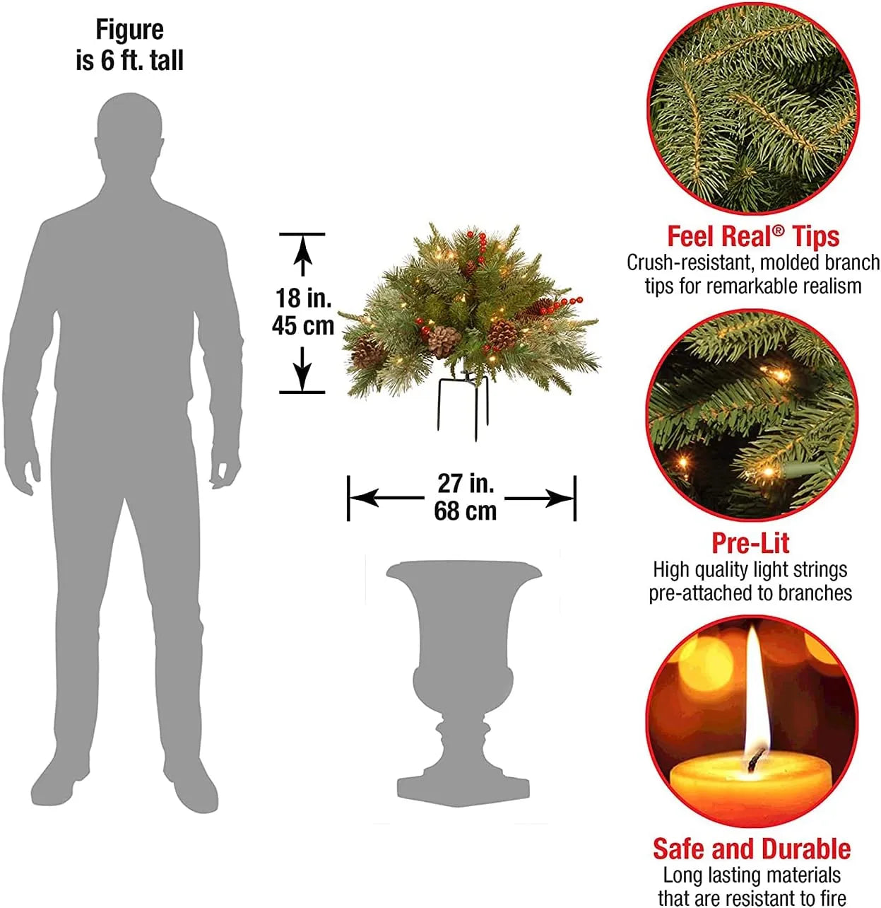 Pre-lit 'Feel Real' artificial Christmas urn filler with pinecones, red berries, and warm white LED lights.