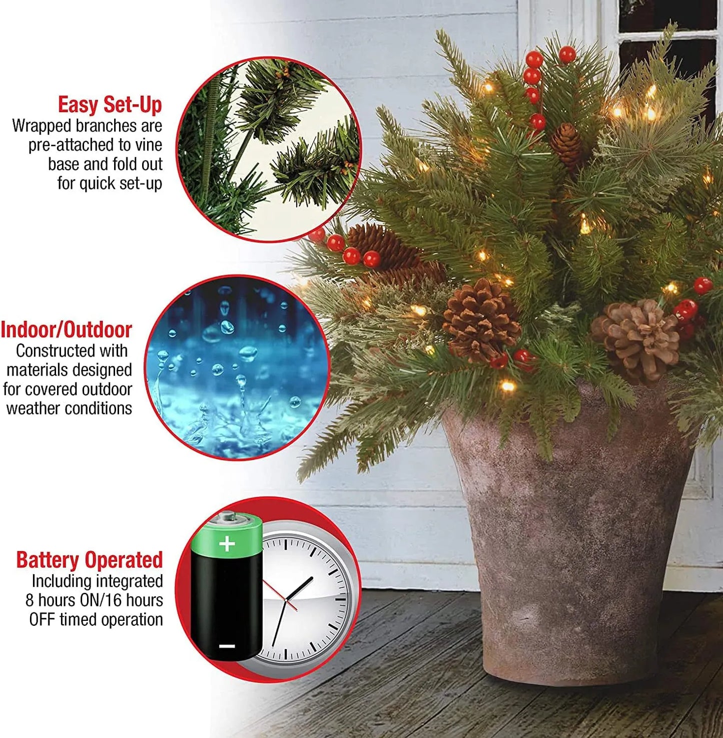 Versatile pre-lit realistic Christmas urn filler, ideal for indoor/outdoor seasonal decor & holiday accent.