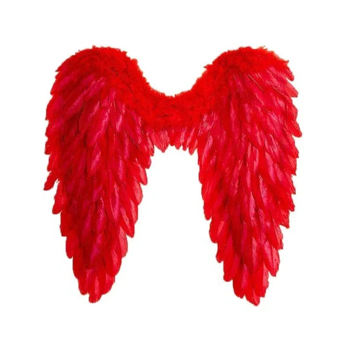 Vibrant red angel wings costume, ideal for fantasy parties, cosplay, or theatrical stage productions. Unisex.