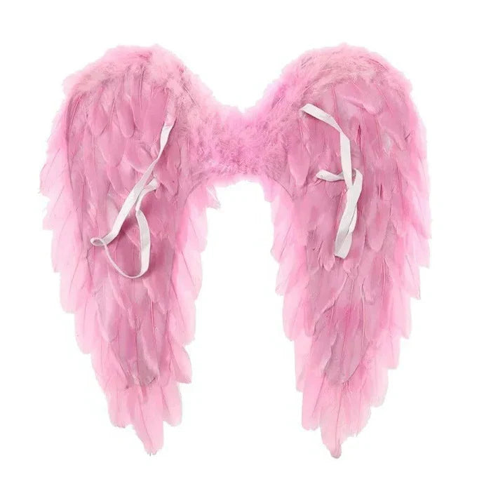 Large realistic white celestial angel wings for adult fantasy cosplay, Halloween costume, or party dress-up.