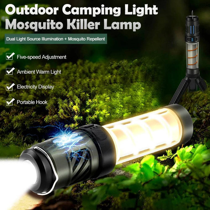 Rechargeable camping lantern with mosquito repellent, ideal for outdoor adventures and backyard use.