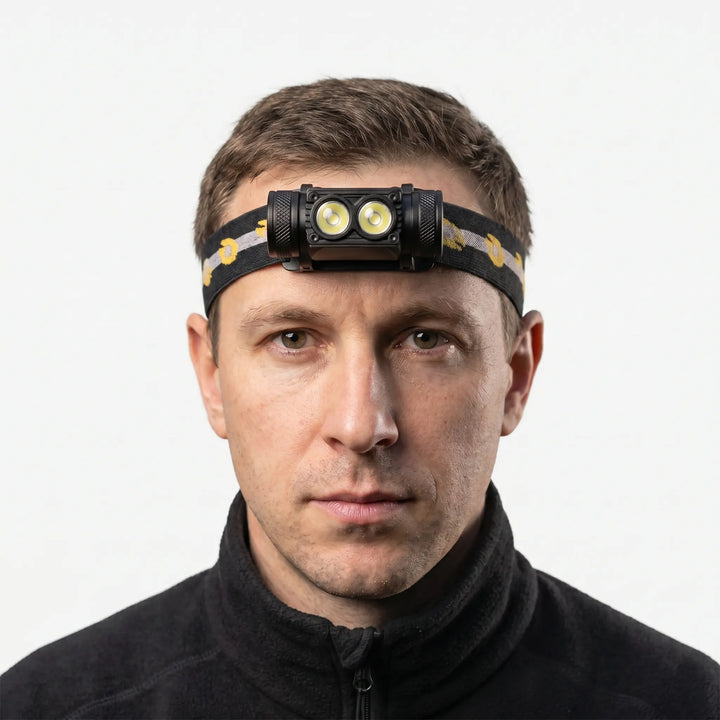 Powerful dual-LED rechargeable headlamp for outdoor adventures, fishing, hiking, and hands-free use.