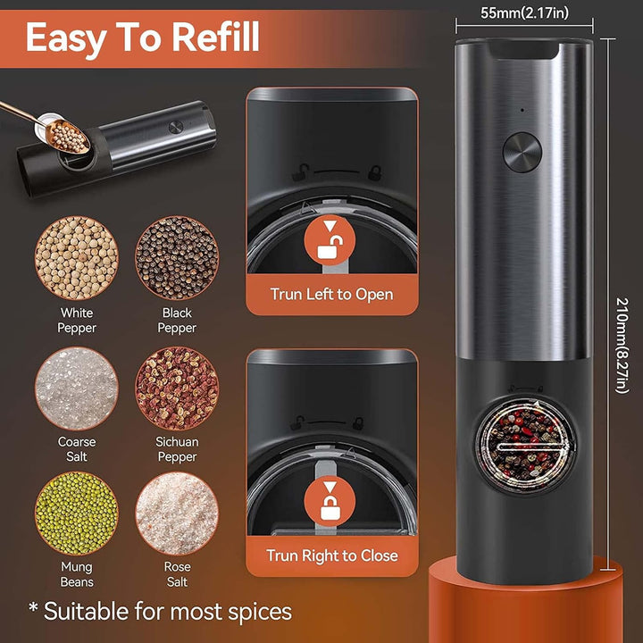 Dual electric spice grinders, rechargeable base, effortless one-hand operation for cooking & dining.
