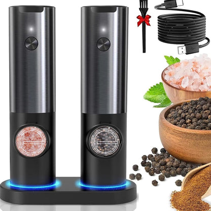 Rechargeable electric salt & pepper grinder set, stainless steel design. Effortless seasoning for any meal.
