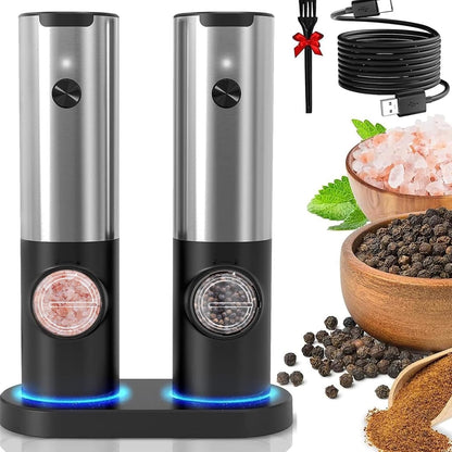 Electric pepper mill with adjustable grind settings. Rechargeable stainless steel kitchen gadget for fresh seasoning.