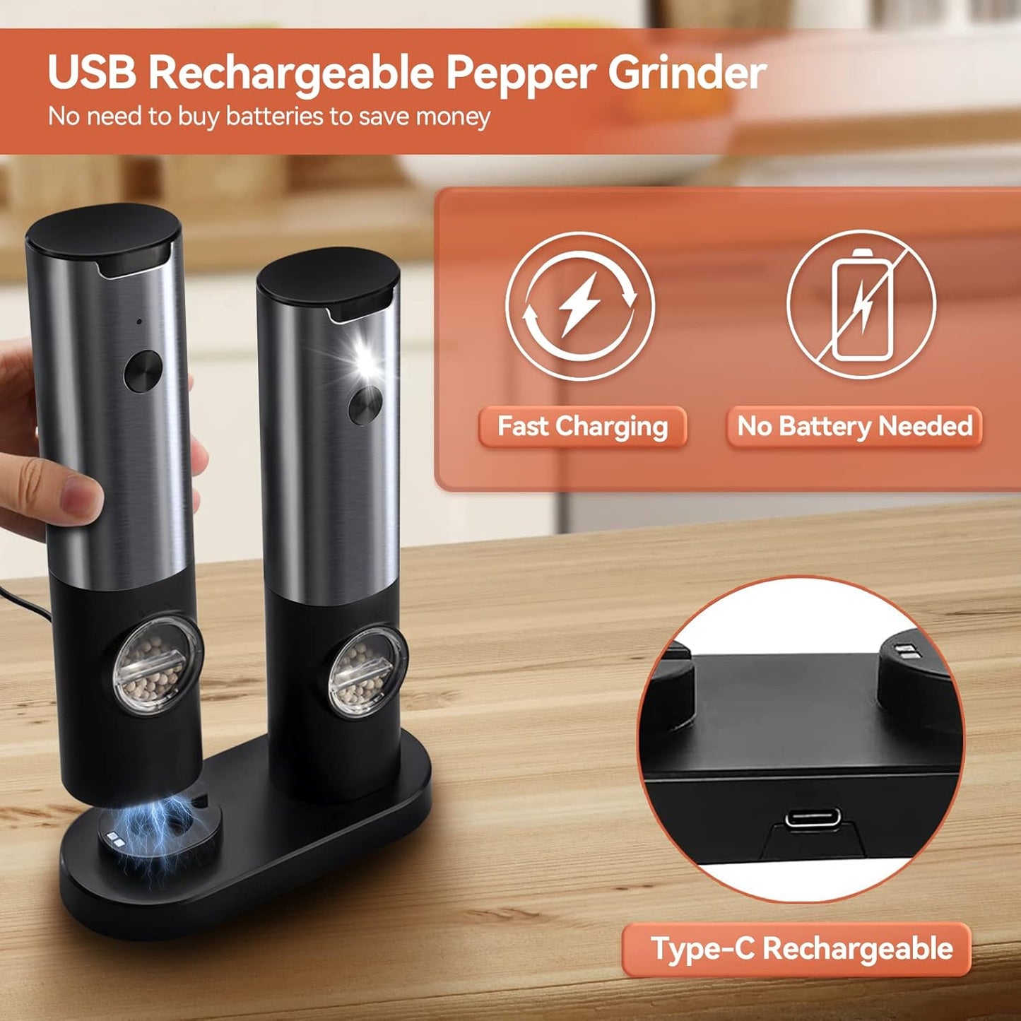 Electric salt mill with fine to coarse adjustable grind. Rechargeable stainless steel seasoning tool for cooking.