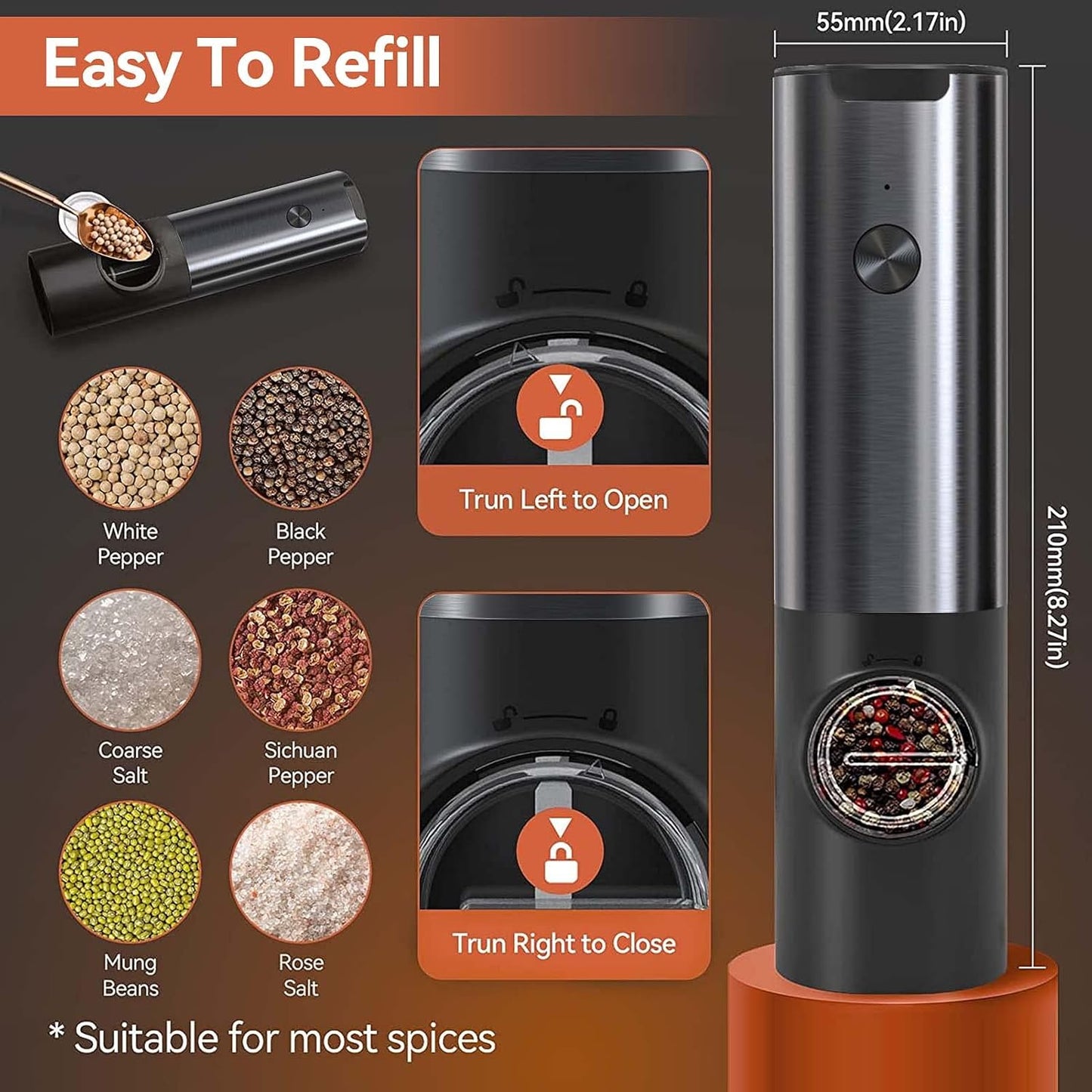 Modern rechargeable electric salt and pepper grinder set. Stainless steel mills for effortless kitchen seasoning.