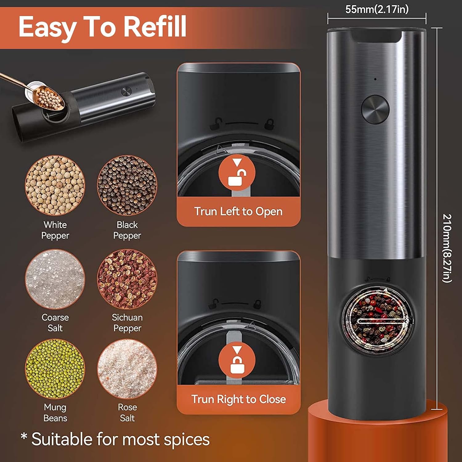 Modern rechargeable electric salt and pepper grinder set. Stainless steel mills for effortless kitchen seasoning.