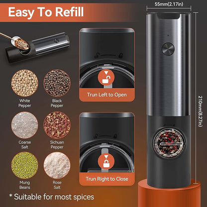 Modern rechargeable electric salt and pepper grinder set. Stainless steel mills for effortless kitchen seasoning.