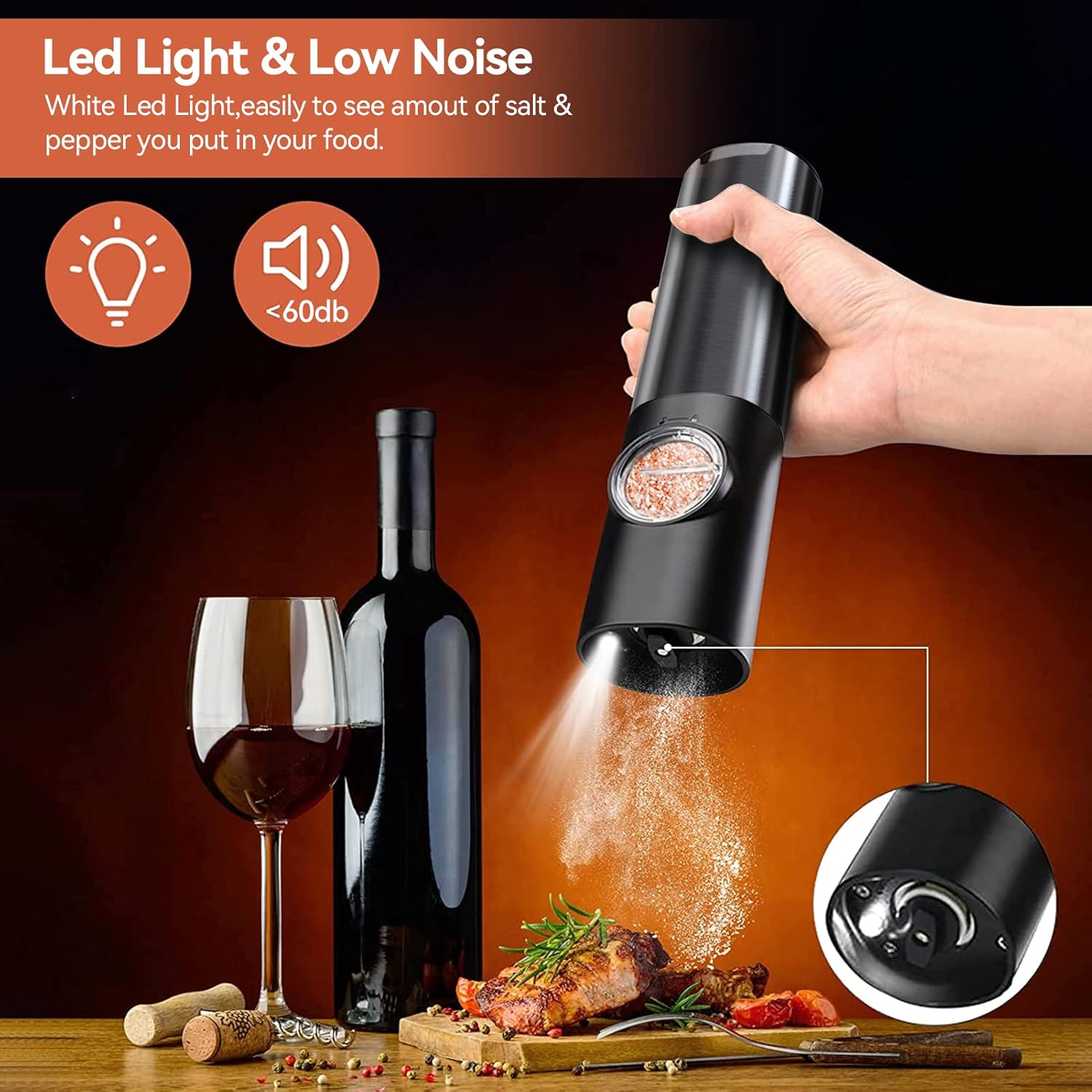 Effortless electric salt & pepper grinder set, rechargeable. Stainless steel kitchen tool for precision seasoning.