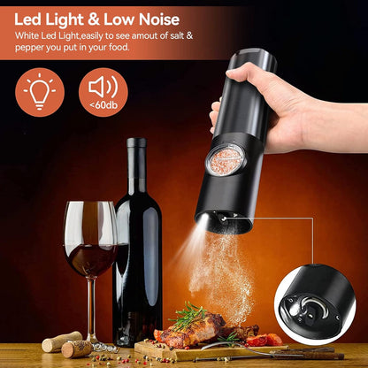 Effortless electric salt & pepper grinder set, rechargeable. Stainless steel kitchen tool for precision seasoning.