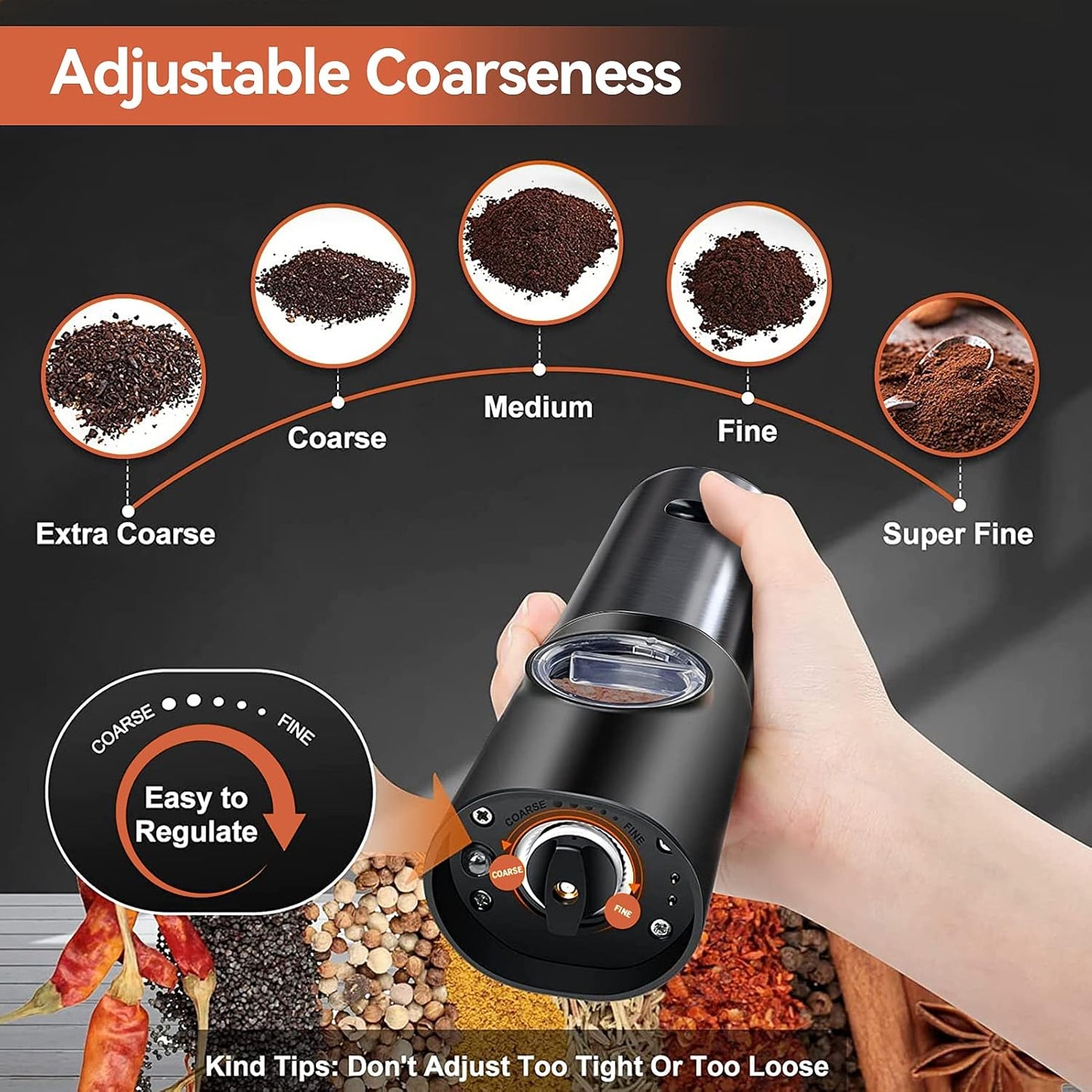 Rechargeable electric pepper & salt mills. Cordless stainless steel grinders, adjustable for perfect seasoning.