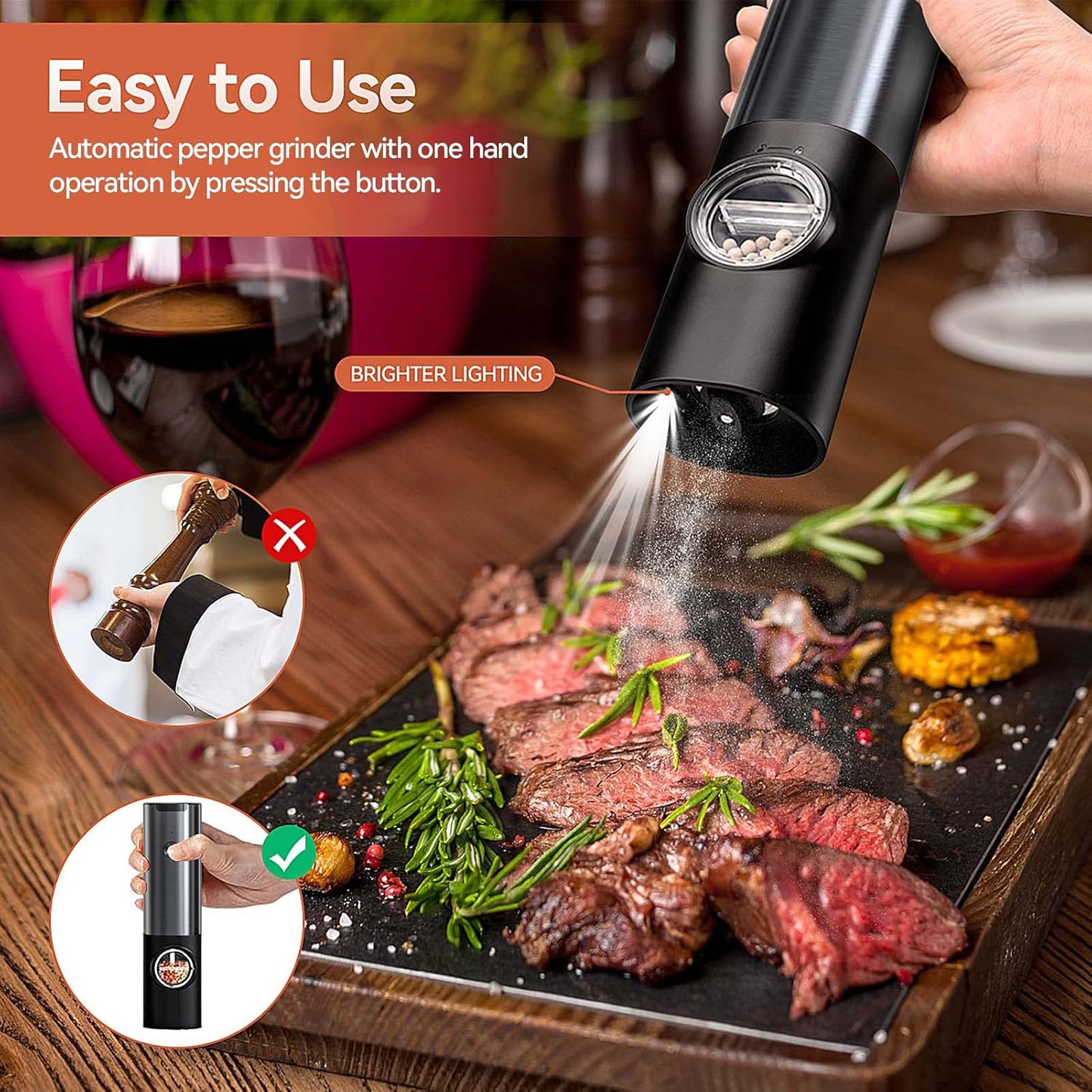 Electric salt & pepper mill set with adjustable grind. Rechargeable stainless steel cooking gadget for fresh spices.