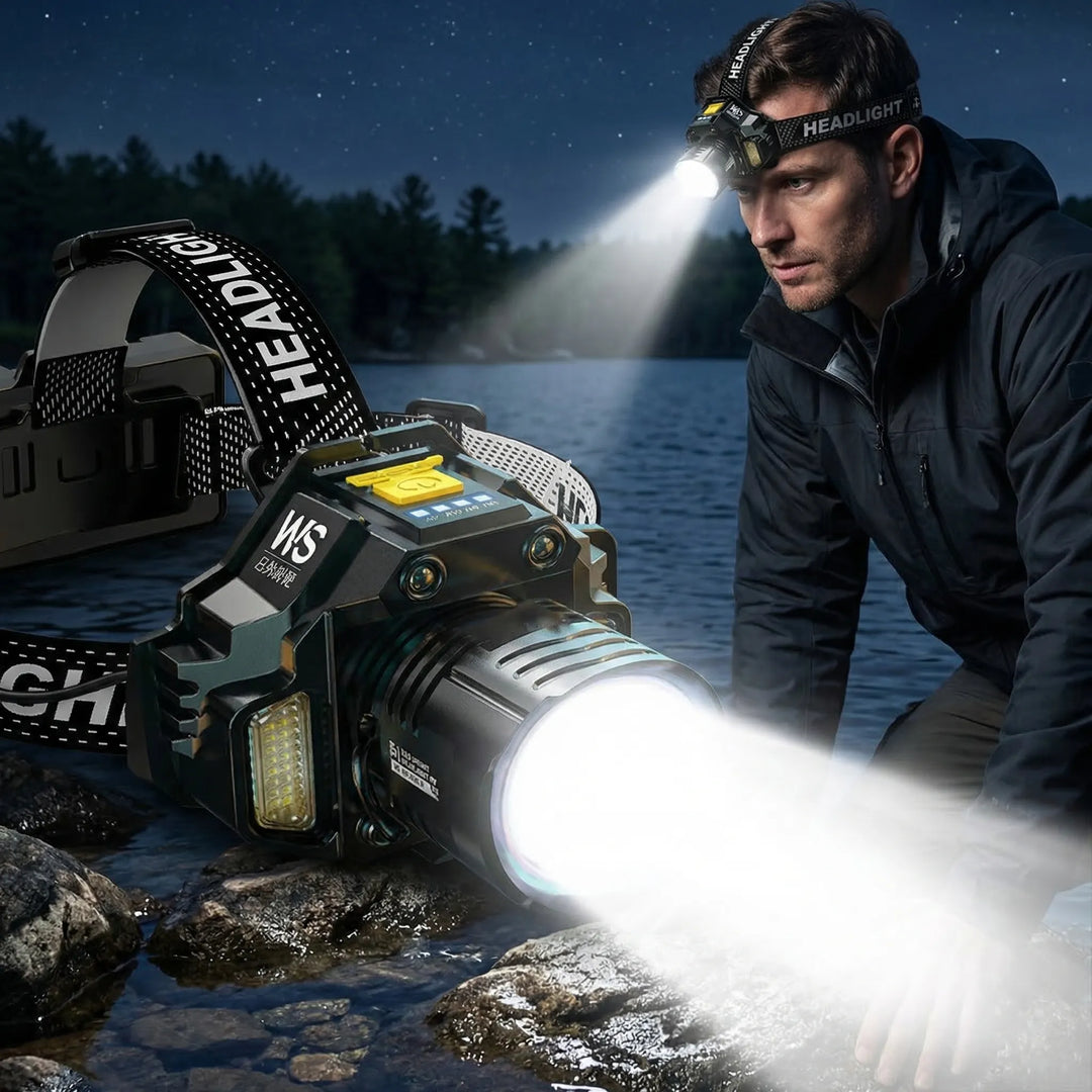 Rechargeable LED headlamp for hands-free outdoor activities like camping & hiking. Bright illumination, motion sensor.