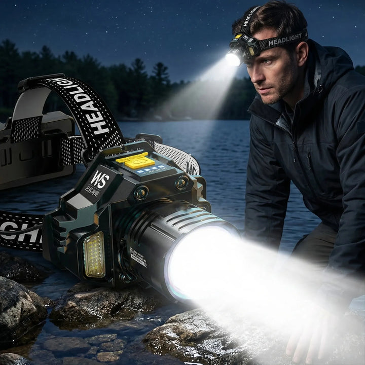 Rechargeable LED headlamp for hands-free outdoor activities like camping & hiking. Bright illumination, motion sensor.