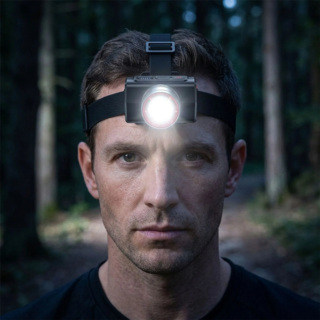 Rechargeable LED headlamp for hands-free outdoor activities like camping, hiking & cycling. Bright adjustable beam.