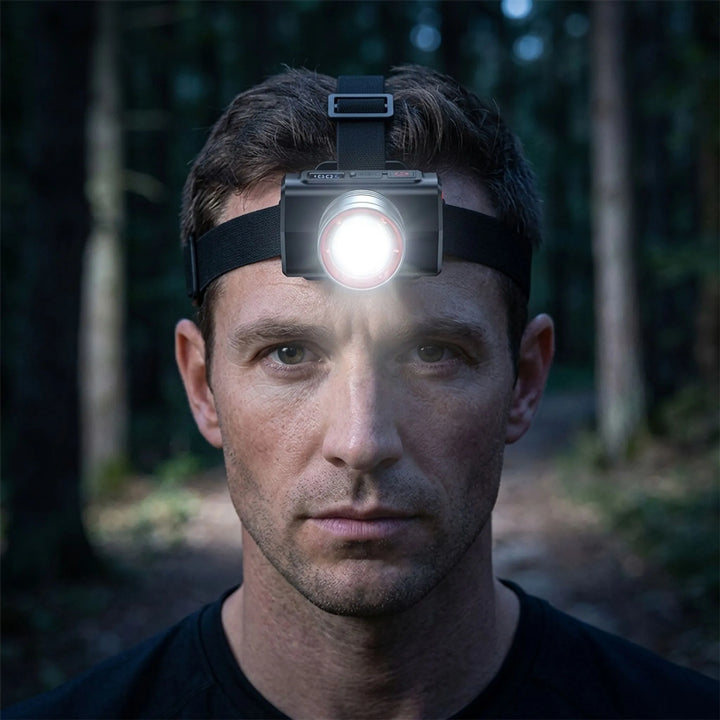 Rechargeable LED headlamp for hands-free outdoor activities like camping, hiking & cycling. Bright adjustable beam.