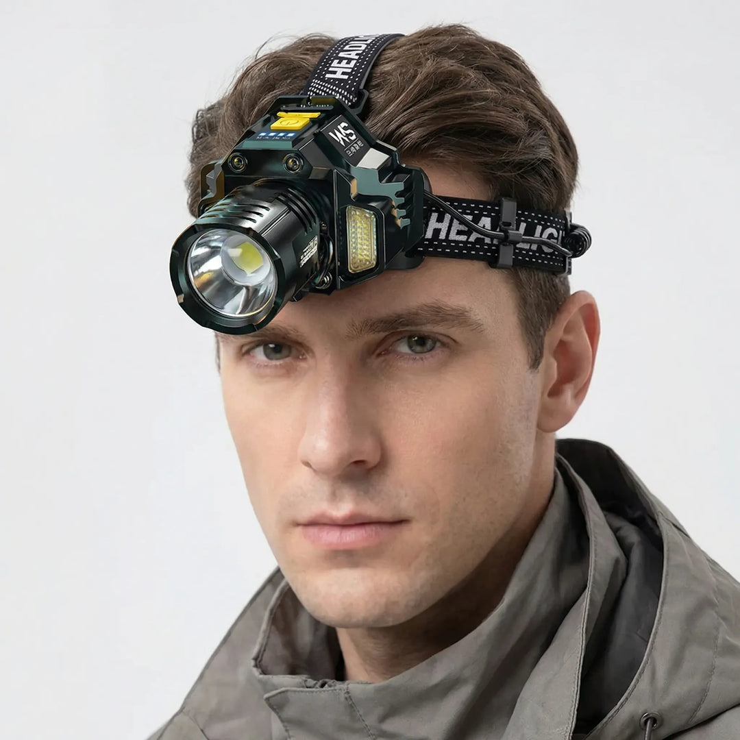 Hands-free rechargeable LED headlamp, ideal for night fishing or hiking. Motion sensor for easy operation.