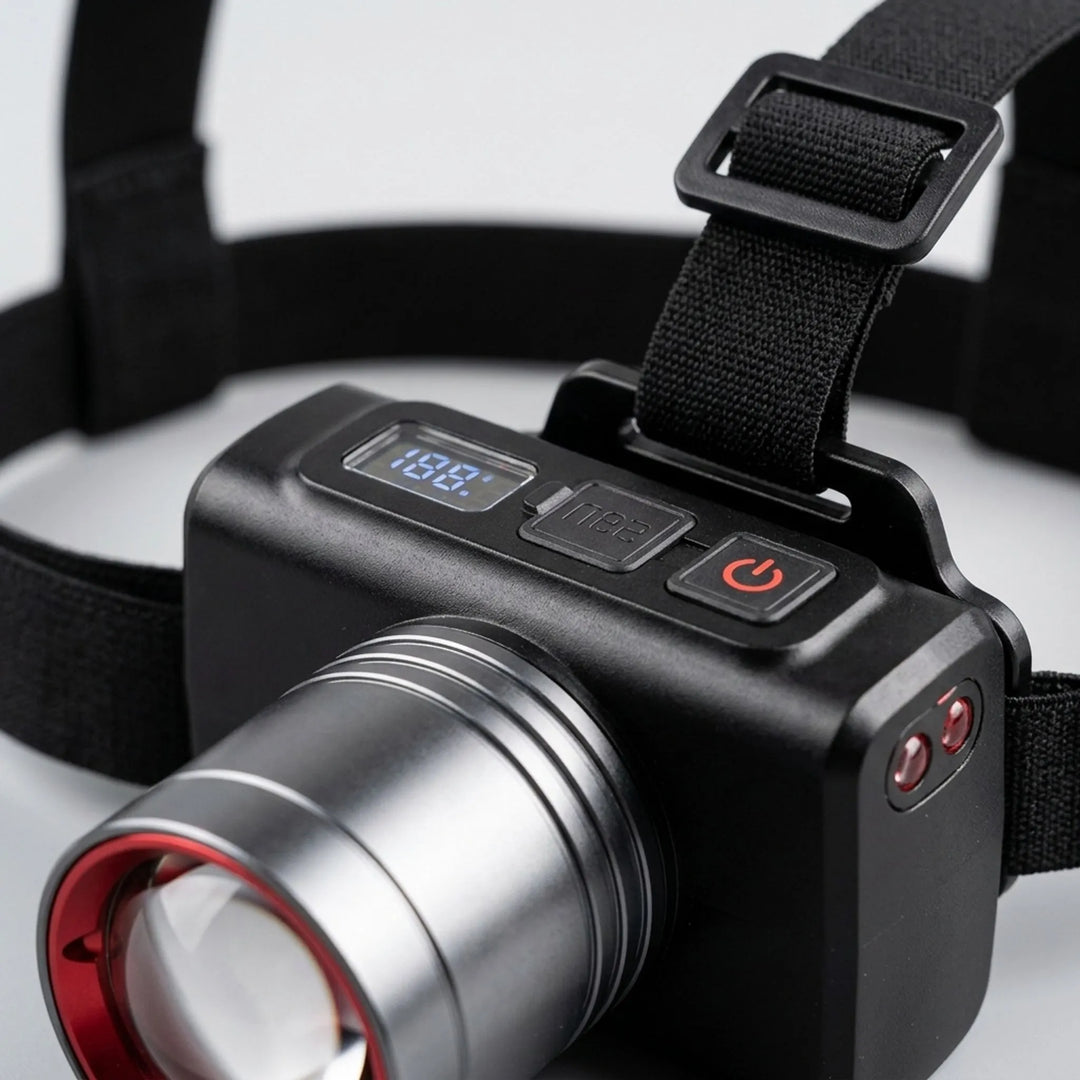 Durable hands-free LED headlamp with adjustable beam for camping, hiking, running, & work. USB rechargeable battery.