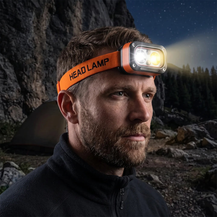 Rechargeable LED headlamp with motion sensor for hands-free lighting during camping, hiking & outdoor work.