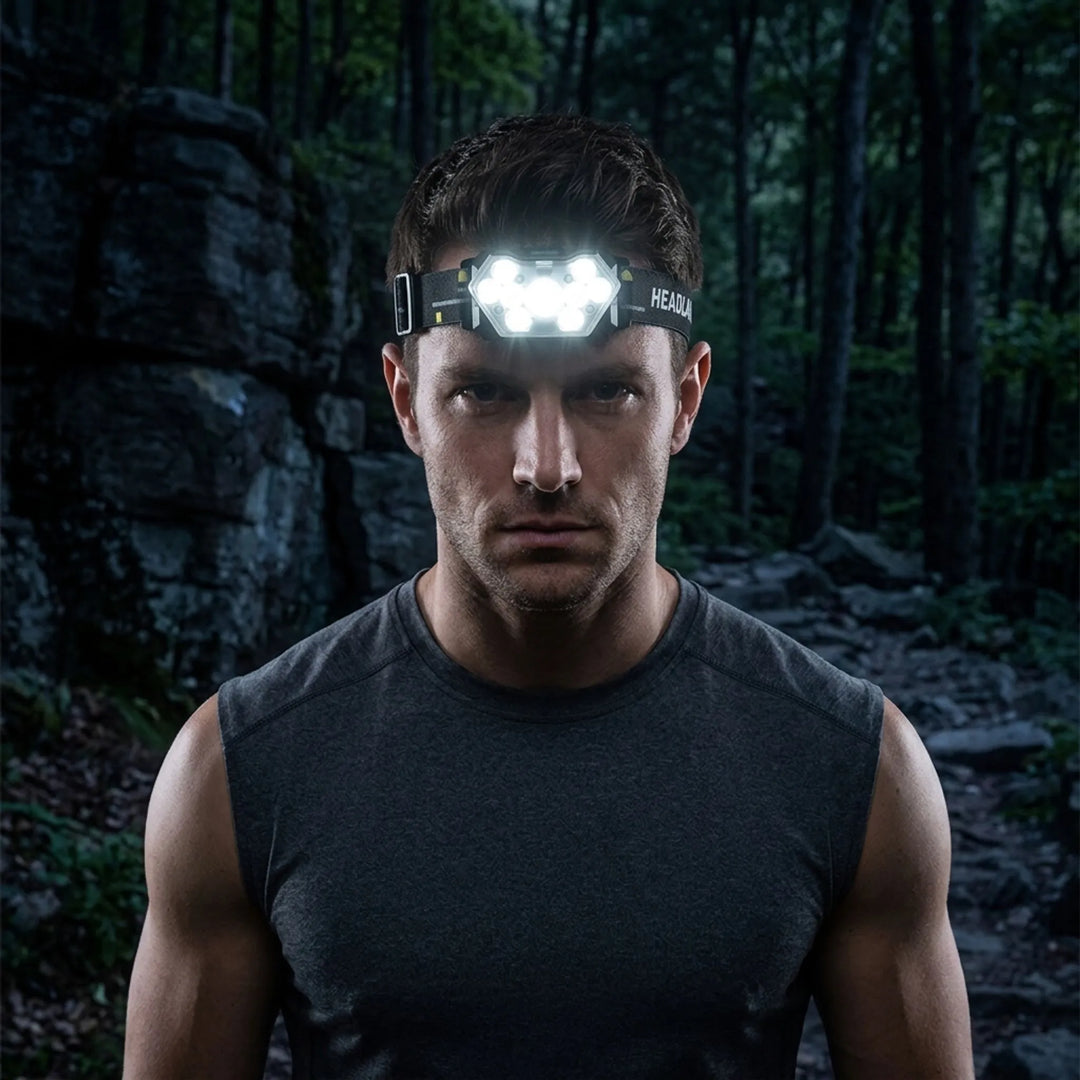 Rechargeable LED headlamp with motion sensor for hands-free outdoor camping & hiking. Essential emergency gear.