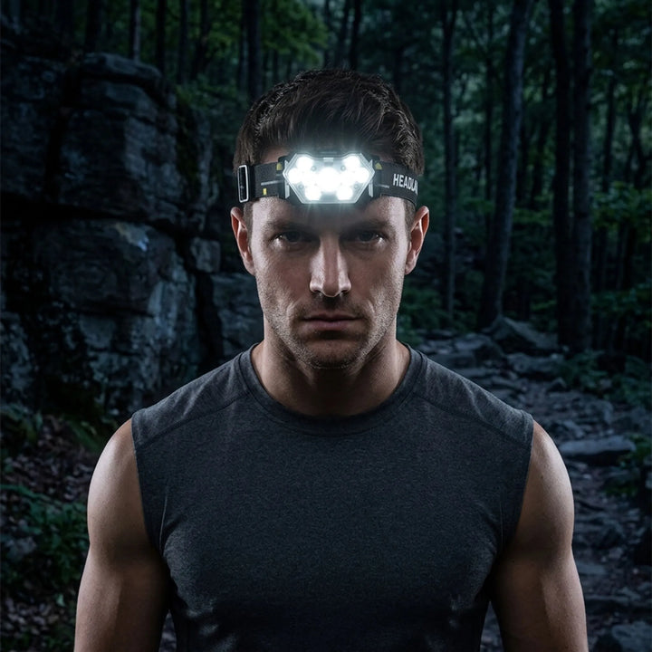 Rechargeable LED headlamp with motion sensor for hands-free outdoor camping & hiking. Essential emergency gear.