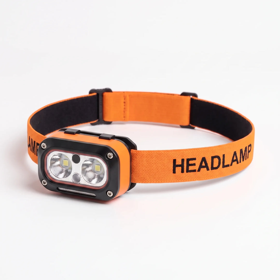 Versatile motion sensor headlamp, rechargeable, ideal for hands-free work, outdoor activities & emergencies.