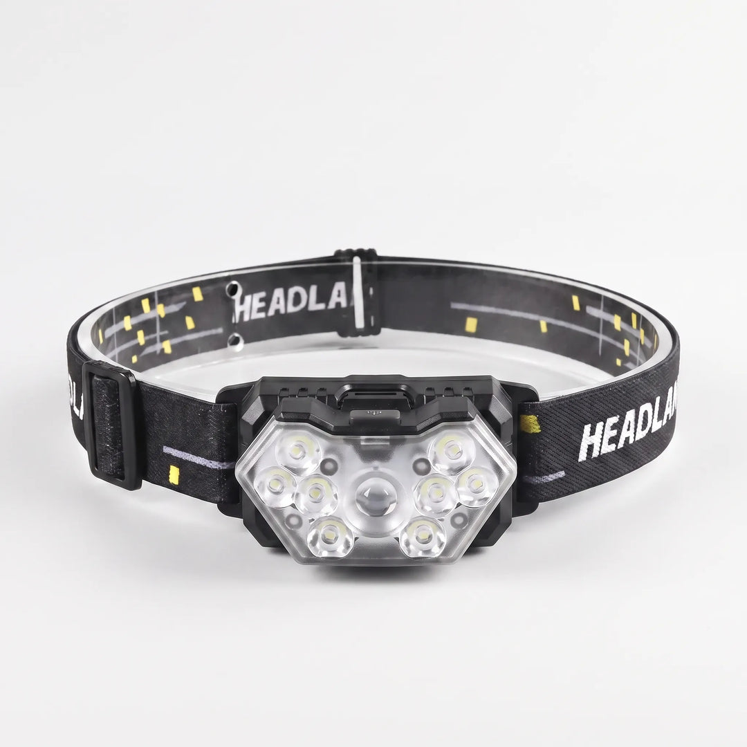 Hands-free rechargeable headlamp with motion sensor, perfect for outdoor hiking & camping adventures. Bright LED light.