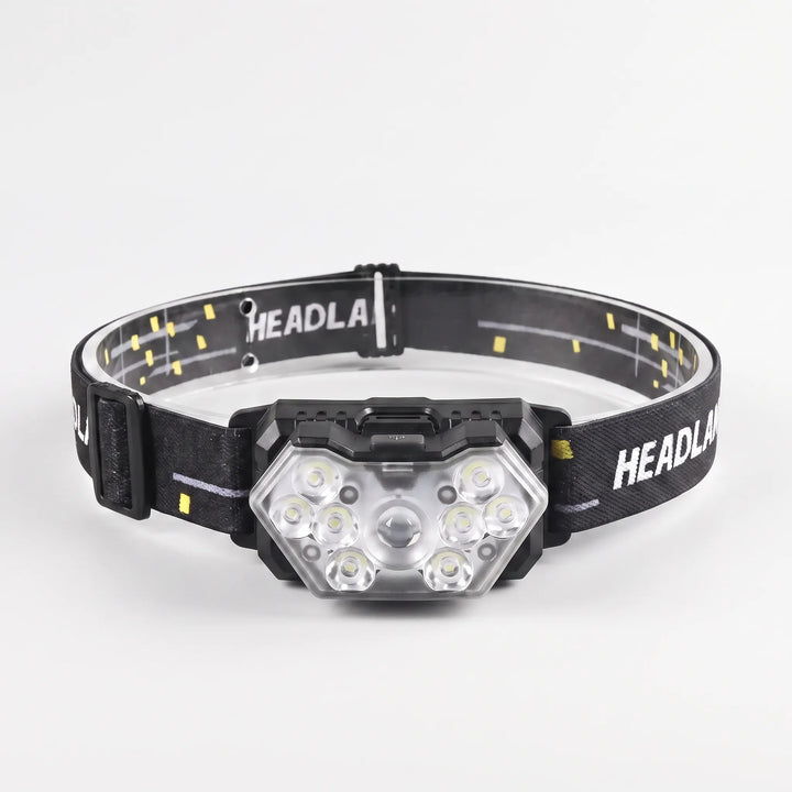 Hands-free rechargeable headlamp with motion sensor, perfect for outdoor hiking & camping adventures. Bright LED light.