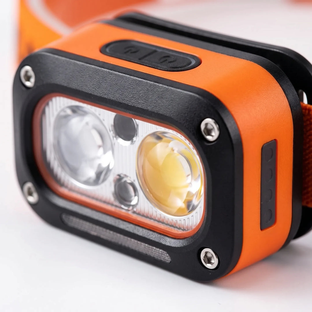 Bright LED headlamp, hands-free and motion sensor activated, perfect for night hiking, fishing & detailed tasks.