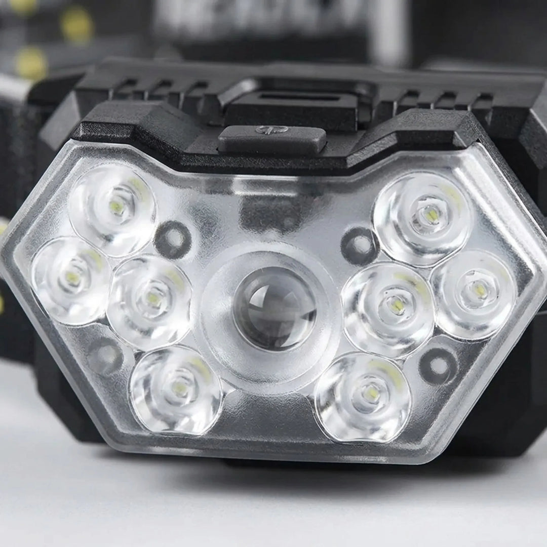 Versatile rechargeable headlamp with motion sensor for outdoor emergencies, camping, hiking, and hands-free tasks.
