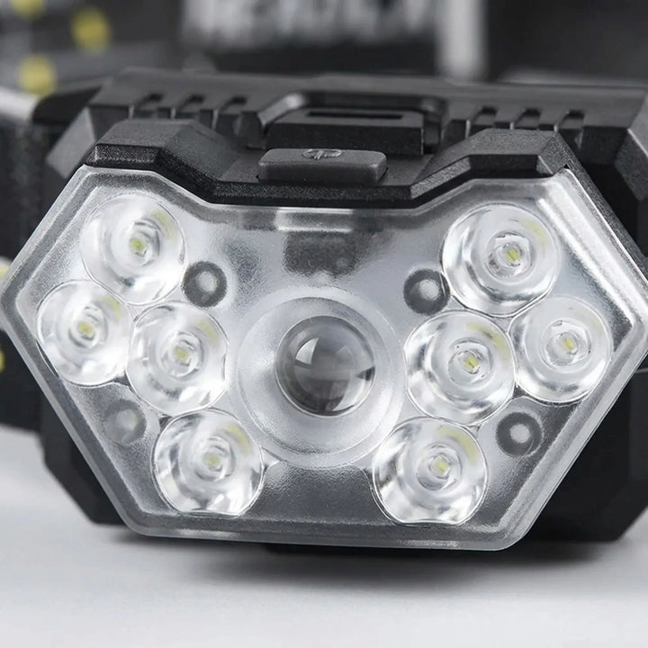 Versatile rechargeable headlamp with motion sensor for outdoor emergencies, camping, hiking, and hands-free tasks.