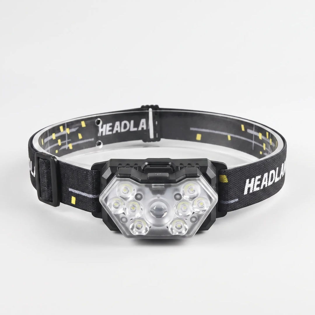 Durable outdoor headlamp, rechargeable with motion sensor. Bright LED for hands-free camping, hiking & emergency lighting.