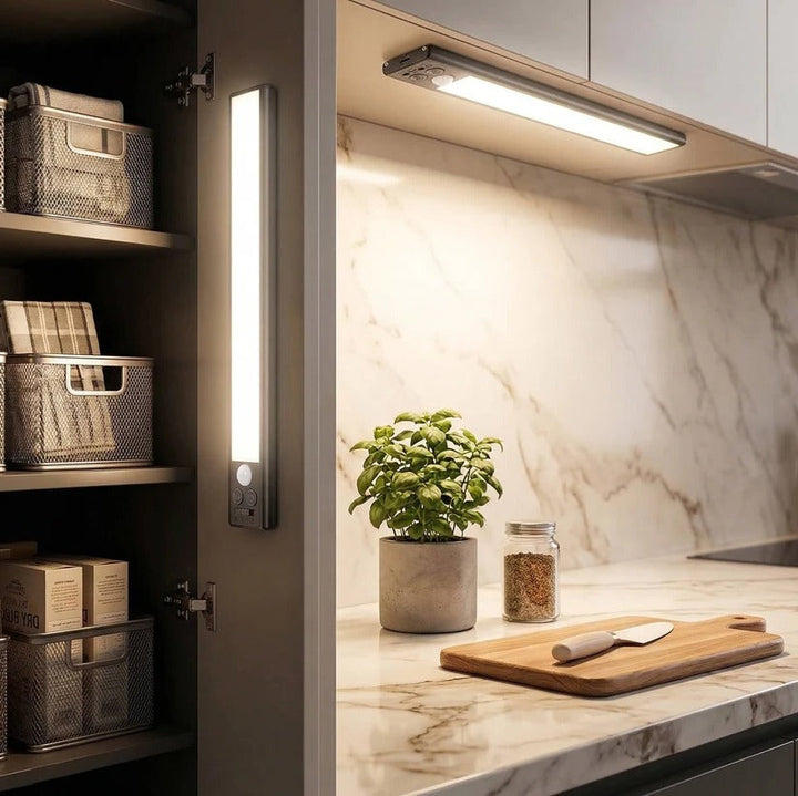 Wireless LED closet lights, rechargeable & magnetic, motion sensor for easy garment selection.