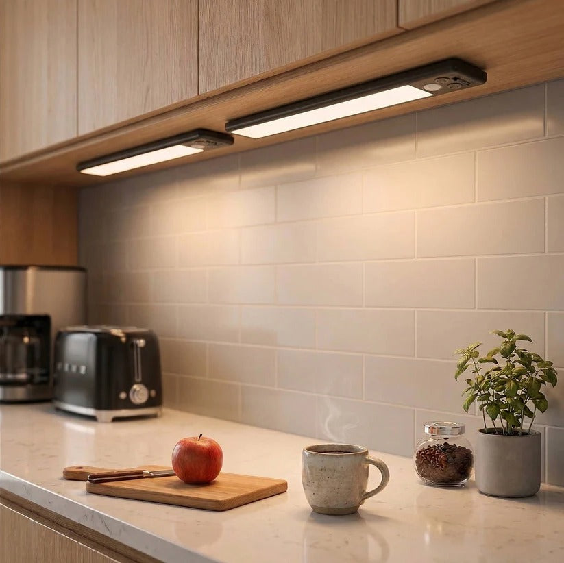 Dimmable set of 2 LED under cabinet lights, rechargeable, magnetic attachment, motion sensing.
