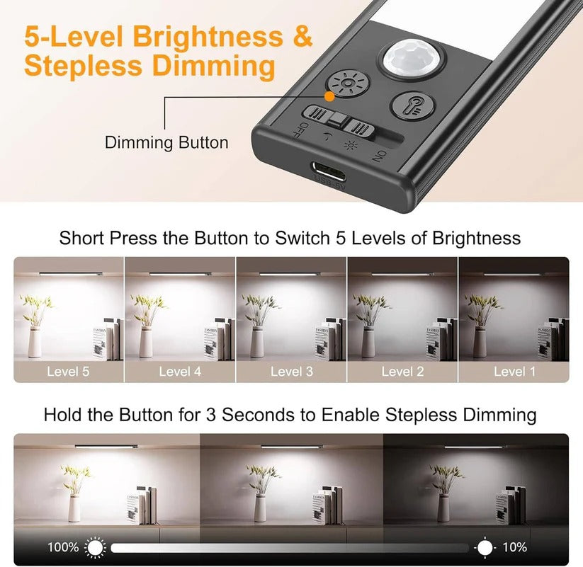 Smart wireless under cabinet LED lights with motion sensor, rechargeable for modern home lighting.