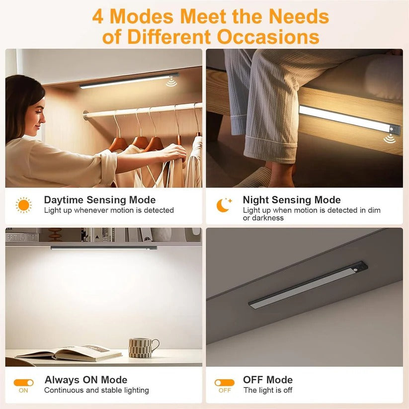 Dual rechargeable LED under cabinet lights, magnetic, motion sensor for comprehensive coverage.