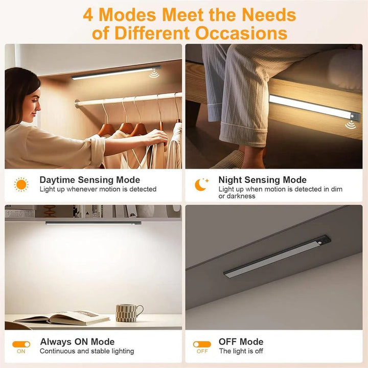 Dual rechargeable LED under cabinet lights, magnetic, motion sensor for comprehensive coverage.