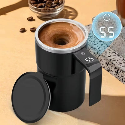 Rechargeable self-stirring travel mug with temperature display, 12.8oz. Portable stainless steel automatic coffee cup.