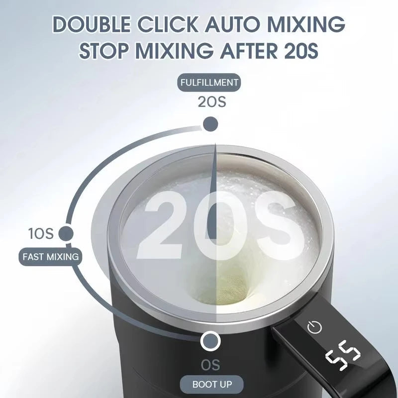 Automatic self-stirring coffee mixer mug, 12.8 fl oz. Portable stainless steel drinkware with temperature display.