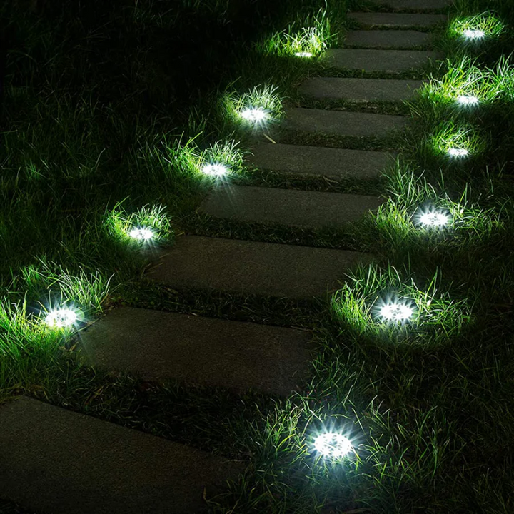 EcoGlow solar pathway lights glowing in a garden, casting a warm LED light. Weatherproof & rechargeable outdoor lighting.
