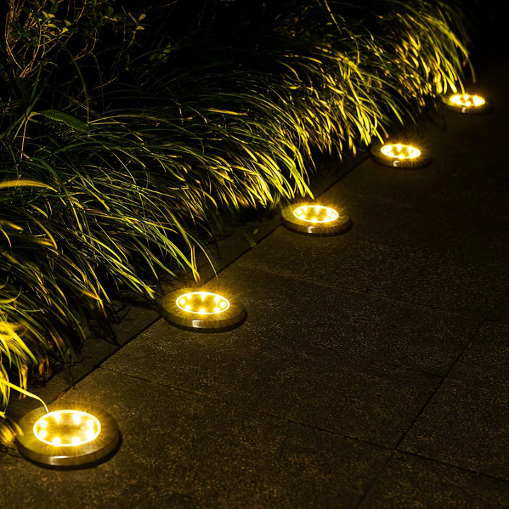 Modern rechargeable solar pathway lights for outdoor landscapes. Durable LED garden lights by EcoGlow, energy-saving.